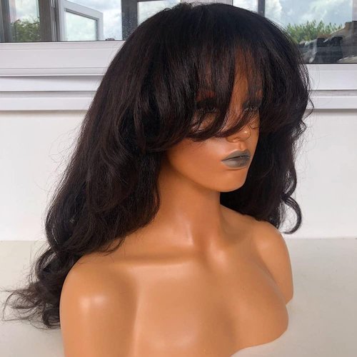 RHEANNA Kinky Yaki Wavy Bang Wig Human Hair 180 Density Brazilian Hair O Scalp Top Wig Yaki Human Hair Wigs With Bangs For Black Women 14inch