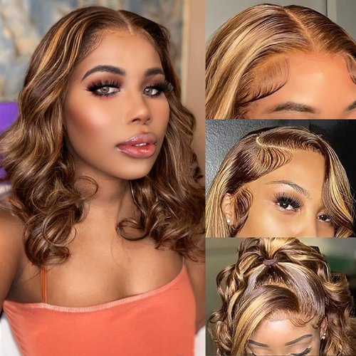 Ombre Bob Wig Human Hair 4/27 Highlight Honey Blonde Lace Front Bob Wigs for Black Women 14Inch 13x4 Lace Front Wigs Human Hair 12A Glueless Wigs Human Hair Pre Plucked With Baby Hair 180% Density