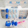 French Tips Press on Nails for Manicure Art with Flower Design, Glossy Gold Glitter Acrylic False Nails Gel Glue on Nails Blue Flower Short Almond Full Cover Fake Nails Stick on Nails for Women 30Pcs