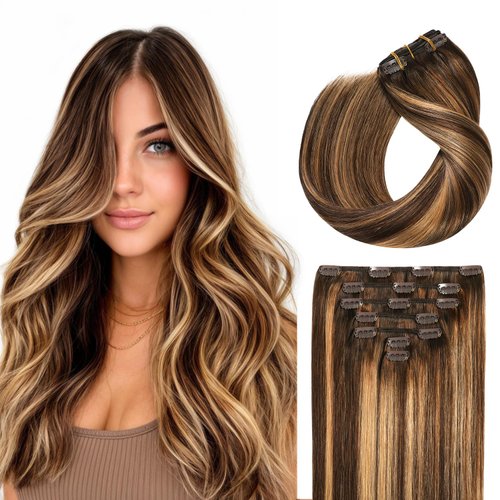 Evala Clip in Hair Extensions, 7pcs 120g Clip in Hair Extensions Real Human Hair 16 inch Clip ins #P4/27 Chocolate Brown to Caramel Blonde Hair Extensions Clip ins Brown Human Hair Extensions