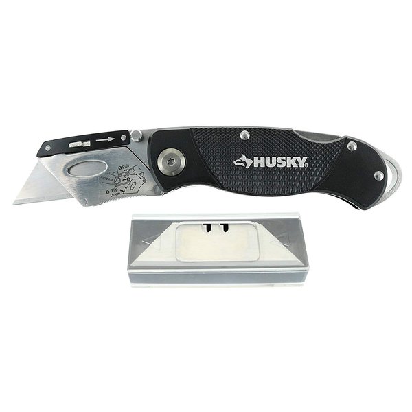 Husky 21113 Folding Sure-Grip Lock Back Utility Knife w/ 10 Disposable Blades Included (Colors Vary)