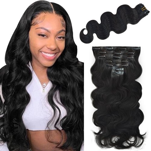 Seamless Clip in Hair Extensions Remy Human Hair, 12 Inch Natural Black Body Wave, Real Human Hair Extensions Invisible PU Clip Ins Skin Weft 90g 7pcs