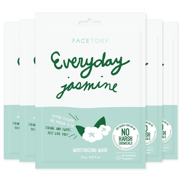 FACETORY K Beauty Face Mask Skin Care - Everyday JASMINE Moisturizing Sheet Mask | Plant-Based with Jasmine Infusion (5 Pack)