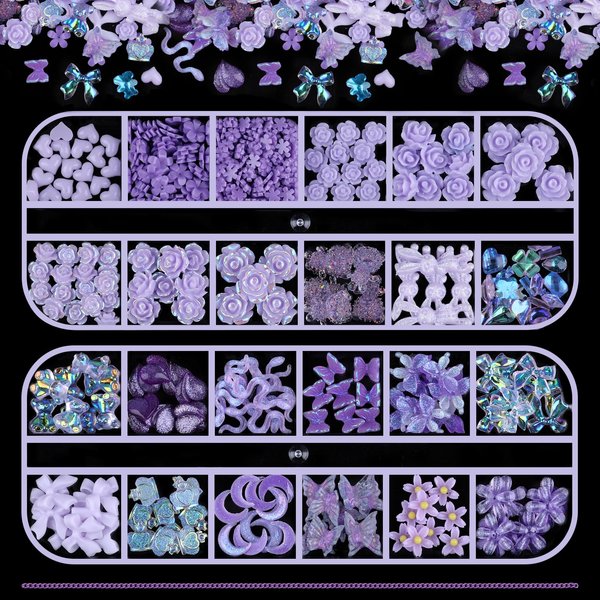 Kikonoke 2 Boxes 3D Flower Nail Charms Butterfly Bow Snake Rabbit Bear Shaped Nail Art Rhinestones Gems for DIY Nail Art Decoration Making Craft (Purple)