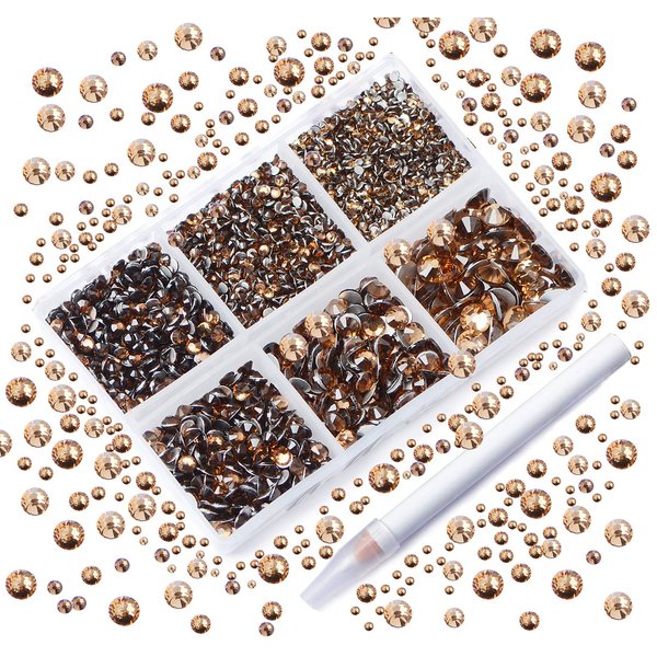 AD Beads 4300 Pieces Flat Back Nail Art Rhinestones Round Beads 6 Sizes (2-6.5mm) with Storage Organizer Box,Rhinestones Picking Pen for Nail Art Phone Decorations Crafts DIY (Smoked Topaz)