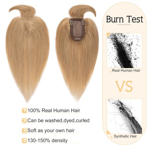 SEGO Hair Toppers for Women Real Human Hair With Bangs 7 * 13CM Silk Base 100% Remy Human Hair Clip in Top Wiglet Hair Pieces for Thinning Hair -16 Inch Dark Blonde