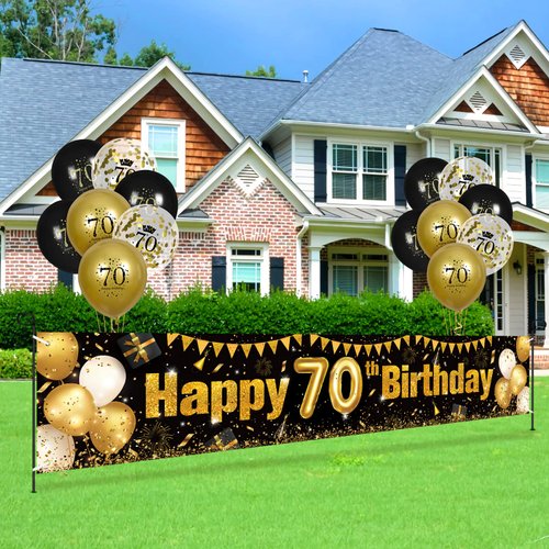 70th Birthday Decorations for Men Women Black and Gold, Black Gold Birthday Yard Banner Sign and 18 PCS 70th Happy Birthday Balloons for 70th Anniversary Birthday Party Supplies Outdoor Yard Decor
