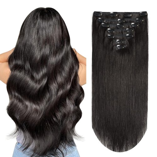 MIFIL Clip in Hair Extensions Human Hair 16 Inch 70g Human Hair Clip ins Natural Black Clip in human hair extensions 7PCS Hair Extensions Human Hair(16inch,7pcs, 70g)