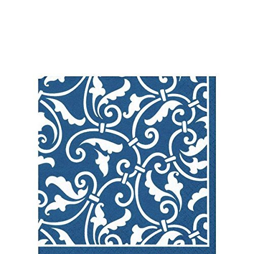 Party Ready Ornamental Scroll Beverage Napkins Tableware, Royal Blue, Paper , 5" x 5", Pack of 16
