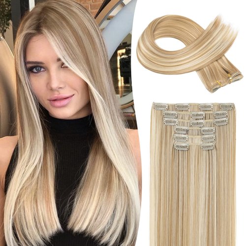 Clip in hair extensions，LONAI 6PCS Straight 24" Hair Extensions for Women，Heat Resistant Synthetic Hairpiece-Dark Blonde with Highlights
