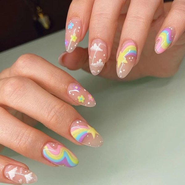 BAOYAALIN Medium Press on Nails Almond Shaped Fake Nails with Rainbow Star Design Full Cover False Acrylic Glue Stick on Nail for Women Girls 24Pcs