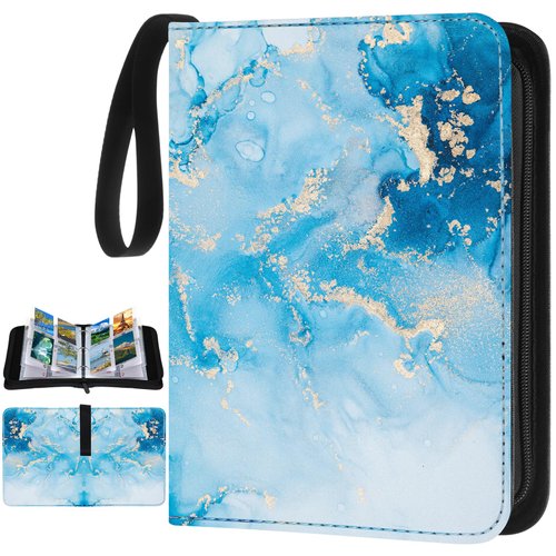 Humyoun Card Binder 4 Pocket PU Waterproof Trading Card Binder for 400 Cards Watercolor Rainbow Portable Card Album Holder with Zipper Wristband Card Organizer for Girls (Blue)