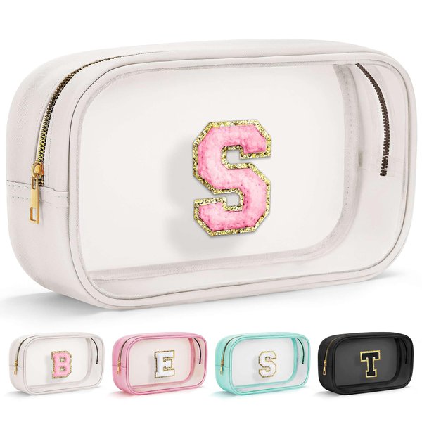 YOOLIFE Initial Make Up Bag Travel Toiletry Bag, Clear Makeup Bag Preppy Cosmetic Bag Clear Makeup Bags With Zipper Girlfriend Teacher 8 Year Old Girl Gifts Daughter Gifts Swim Gifts For Girls White S