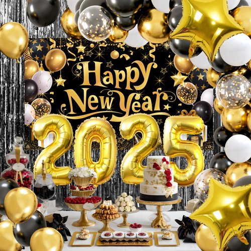 New Years Eve Decorations 2025 Black Gold Happy New Year Banner Backdrop Balloons Arch Kit for Men Women Carnival Foil Balloon Number 2025 New Year Christmas Party Favors Celebration Outdoor Supplies