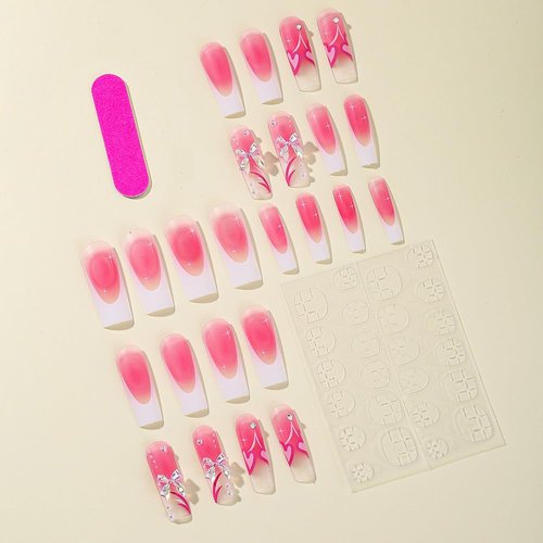 ANDGING French Tip Press on Nails Pink White Square Medium Fake Nails Glue on Nails with Ribbon Hearts Pearl Design False Nails with Glue Gel Women 24Pcs Acrylic Stick on Nail for Wedding AL88U9