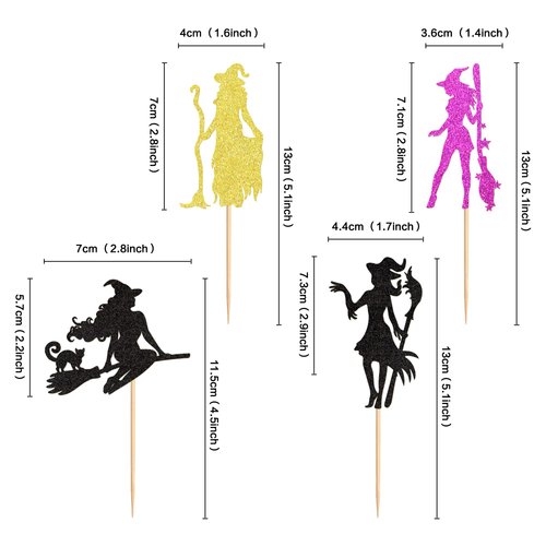 Ercadio 24Pcs Halloween Witch Cupcake Toppers Glitter Colorful Witch Cupcake Picks for Halloween Theme Baby shower Kids Birthday Party Supplies