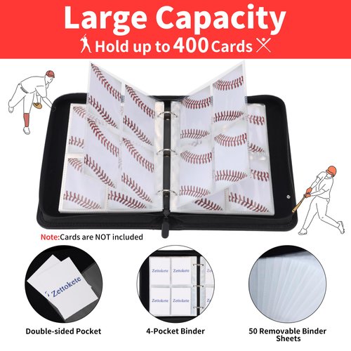 Zettokete 4 Pocket Baseball Card Binder,50 Double-Sided Pages for 400 Slots for Sports Cards,Collectible Trading Card Protective Album