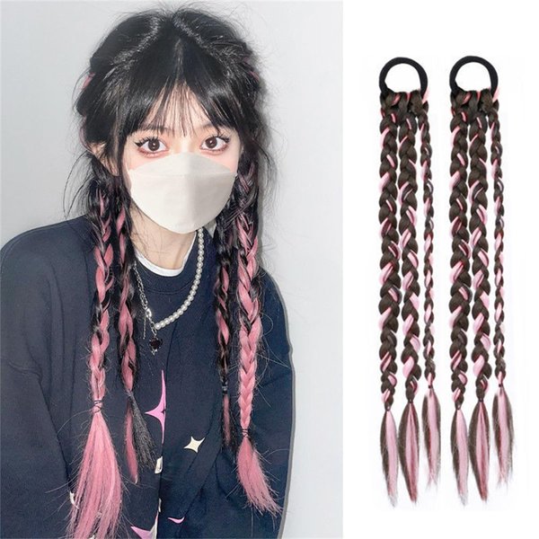2 Pieces Colored Braids Hair Extensions with Rubber Bands Braided Synthetic Hairpieces Ponytail Hair Accessories for Women Kids Girls 15.7 Inches #07