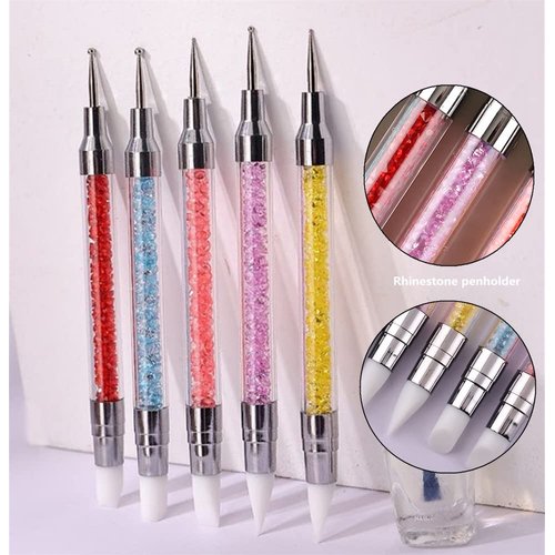 FULINJOY 5PCS Dual-Ended Nail Art Sculpture Pen Dotting Tools, Silicone Nail Polish Brushes Stainless Steel Carving Drawing Dotting Tool, Acrylic Rhinestone Handle, Nail Art Tools