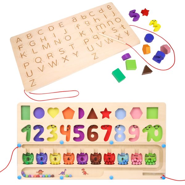 DUCOMINGTOY 4 in 1 Montessori Wooden Learning Counting Toys for 3+ Year Old Number Puzzles Magnetic Color Maze Shape and Number Wooden Puzzle Counting Learning Fine Motor Skills Toys Gifts…