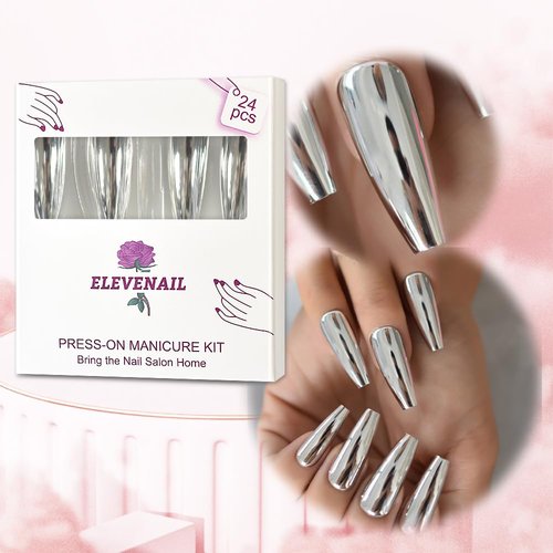 Super Long Shiny Punk Style Silver Coffin Ballerina Press on False Nails Metallic Acrylic Nails Reflective Mirror Nail Art Tips for party show