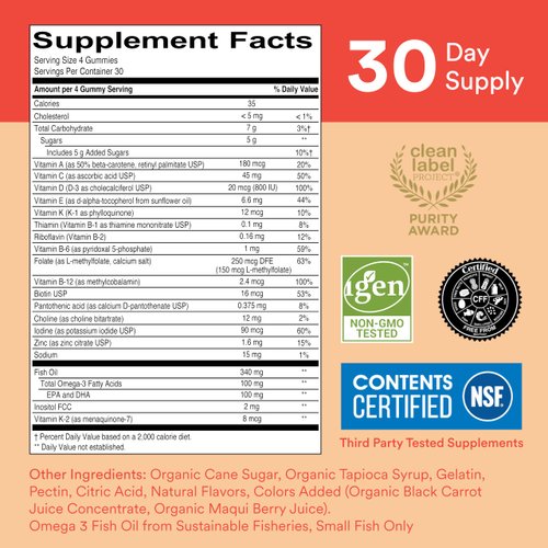 SmartyPants Kids Multivitamin Gummies: Omega 3 Fish Oil (EPA/DHA), Vitamin D3, C, Vitamin B12, B6, Vitamin A, K & Zinc for Immune Support, Grape, Cherry & Berry Flavors, 120 Count (30 Day Supply)