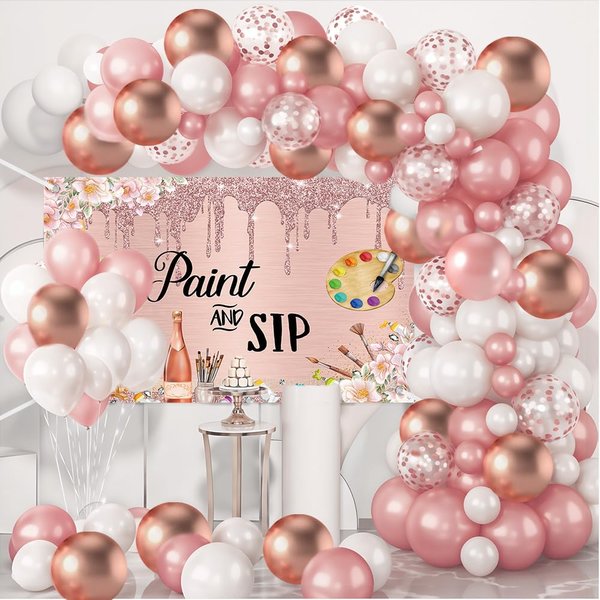 MEHOFOND Paint and Sip Party Decorations for Adults Sip and Paint Kit Happy Birthday Party Rose Gold Balloon Arch Kit Sip and Paint Party Supplies for Date Night Art Painting Set 111 Pcs