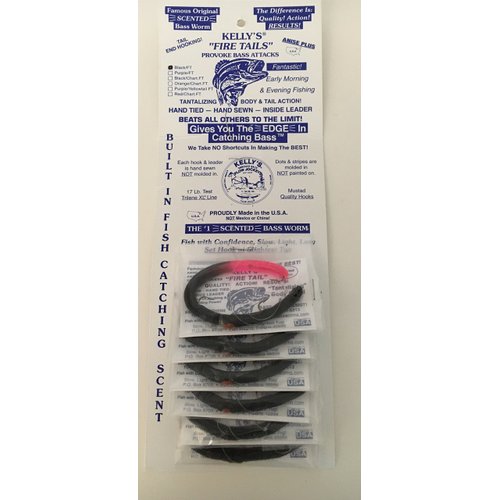 Kellys Worms Black Fire Tail Worm Bait 6 Pack Bundle Anise Scented Bass Worms 3 Hook Fishing Bait