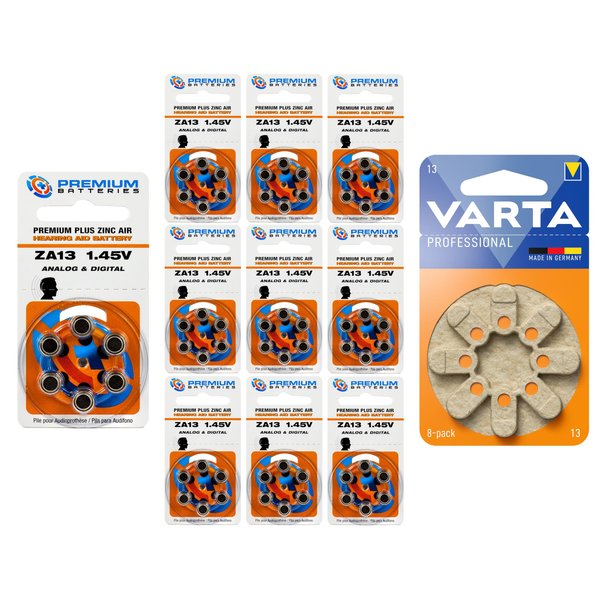 Premium Batteries Size 13 PR48 Hearing Aid Batteries Orange Tab (60 Batteries) + Bonus Varta 8 Pack