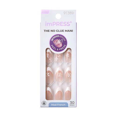 KISS imPRESS No Glue Press-On Nails, French, Fearless', Light Neutral + White Tip French, Medium Size, Almond Shape, Includes 30 Nails, Prep Pad, Instructions Sheet, 1 Manicure Stick, 1 Mini File
