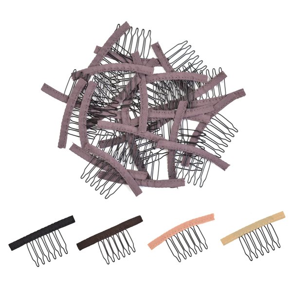 YTBYT 24 Pcs Wig Combs to Secure Wig 6-Teeth Wig Comb Wig Clips with Cloth for Making Wig Caps Wigs (Brown)