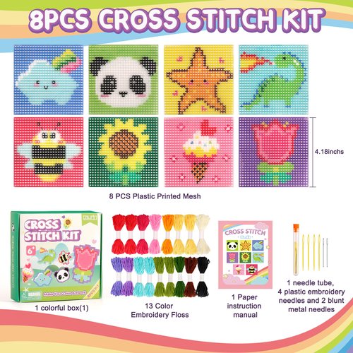 Caydo 8-in-1 Cross Stitch Kit for Beginners Kids, Includes 8 PCS Plastic Canvas with Pre-Patterns, 13 Colors Threads, Instructions, Embroidery Needles for Beginners Sewing