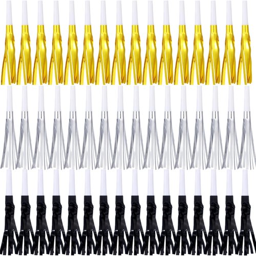 LCPQMZGH Metallic Fringed Noise Makers, for Noise Makers Party Favors, New Year Party, Baby Shower, Kids Birthday, 48 Pcs, Gold, Silver, Black