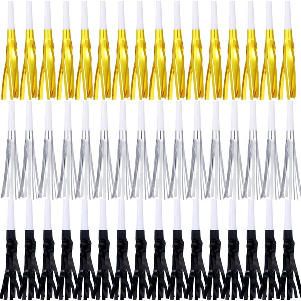 LCPQMZGH Metallic Fringed Noise Makers, for Noise Makers Party Favors, New Year Party, Baby Shower, Kids Birthday, 48 Pcs, Gold, Silver, Black
