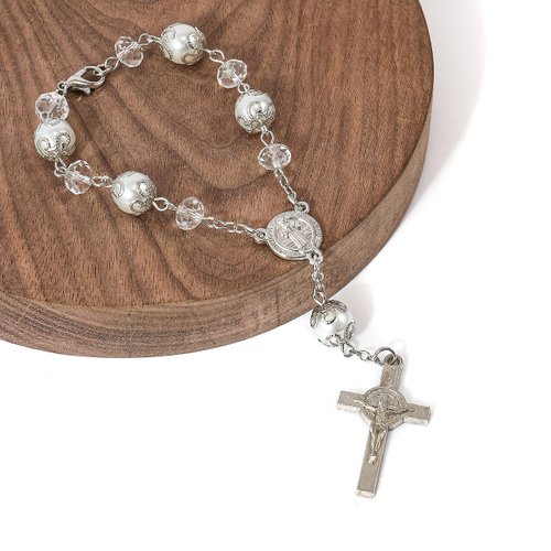 Nazareth Store Saint Benedict Evil Protection Medal White Clear Crystal Beads Rosary Car Auto Mirror Rearview
