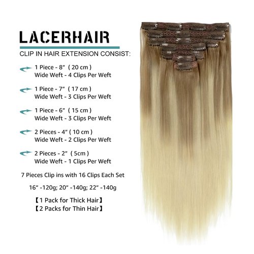 Lacer Natural Hair Extensions Clip in Human Hair 120g 7pcs with 16 Clips B#8/60 Light Brown Fading to Platinum Blonde Ombre Human Hair Extensions for Women 18 Inch