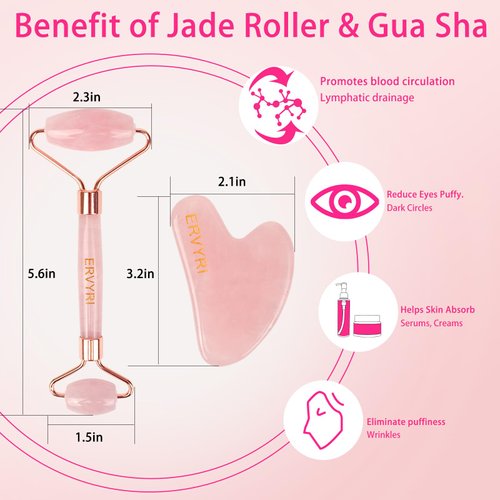 ERVYRI Jade Roller and Gua Sha Set - Rose Quartz Face Roller Skin Care Gua Sha Facial Tools , Face Massager for Women, Relieve Stress, Remove Wrinkles Eye Puffiness-Pink