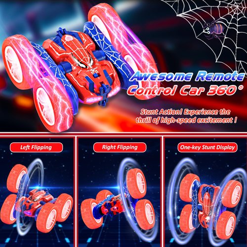 Kenelect Spider Remote Control Car for Kids 4-7 - RC Stunt Car Toys for Boys and Girls Aged 3 4 5 6 7 8 9 10 11 12 Christmas Birthday Gifts - 360° Rotating Car Toy with LED Light (Blue)