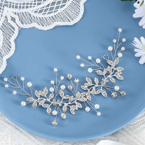 Unsutuo Crystal Bridal Headband Silver Rhinestone Leaves Wedding Hair Vine Pearls Bride Hair Pieces for Women and Girls(Silver)
