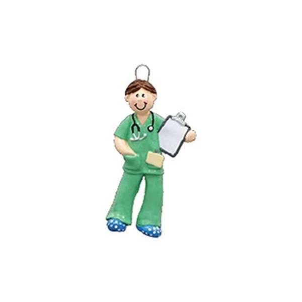 Male Physician in Green Scrubs with Clipboard Christmas Ornament Nurse Doctor