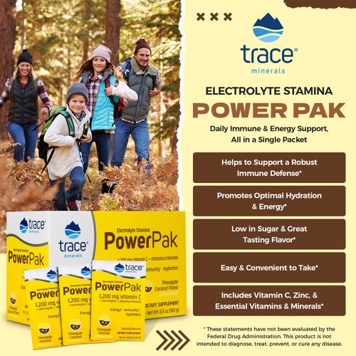 Trace Minerals | Power Pak Electrolyte Powder Packets | 1200 mg Vitamin C, Zinc, Magnesium | Boost Immunity, Hydration and Natural Energy | Pineapple Coconut | 30 Packets