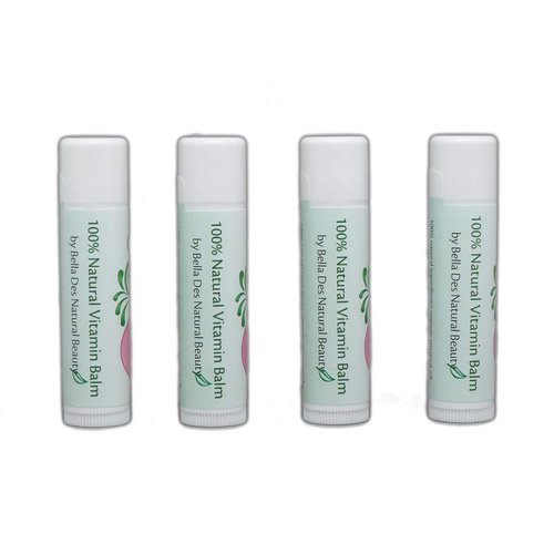 Natural Vitamin Lip Balm | Set of 4 balms | 100% Natural Ingredients | Soothe and Moisturize Chapped Lips and Skin | Organic Coconut Oil, Beeswax, Vitamin E, Vitamin C | by Bella Des Natural Beauty