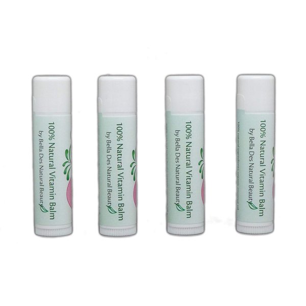 Natural Vitamin Lip Balm | Set of 4 balms | 100% Natural Ingredients | Soothe and Moisturize Chapped Lips and Skin | Organic Coconut Oil, Beeswax, Vitamin E, Vitamin C | by Bella Des Natural Beauty