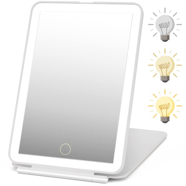DenCert Rechargeable Travel Makeup Mirror 72 LED Lighted Makeup Mirror Travel Mirror Compact Slim LED Vanity Mirror with Lights Lighted Makeup Mirror with 3 Lighting Modes Dimmable Touch Screen (W1)
