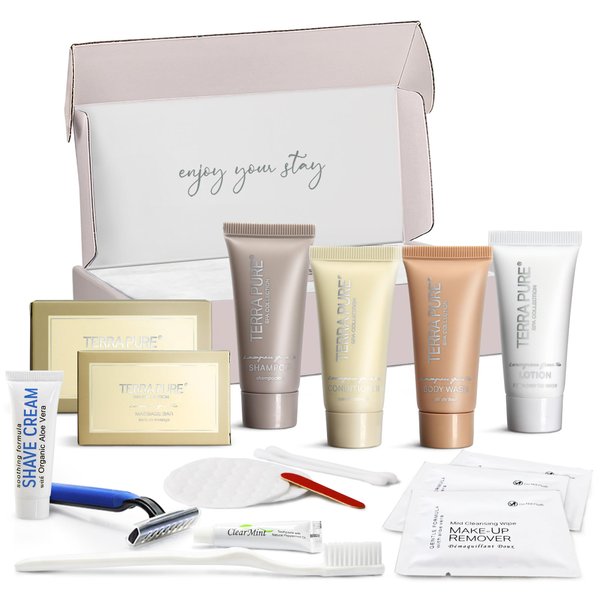 Terra Pure Spa Collection Amenity & Accessory Kit |1 oz Travel Size Shampoo, Conditioner, Lotion, Body Wash, 2 Soap Bars, Shave & Dental Sets, Make-Up Remover Wipes, & Vanity Kit | 1 set per case