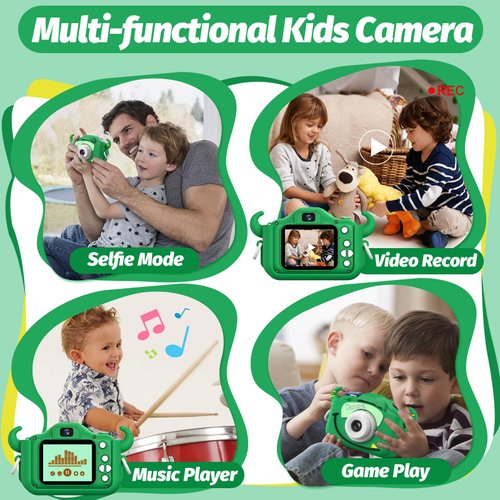 Goopow Kids Camera Toys for 3-8 Year Old Girls Boys,Children Digital Video Camcorder Camera with Cartoon Soft Cover, Best Chritmas Birthday Festival Gift for Kids - 32G SD Card Included (Green-NJ)