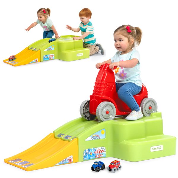 Simplay3 Deluxe Race and Ride Kids Downhill Roller Coaster and Racetrack with Cars, Indoor-Outdoor Ride-on Toy, Includes Two Toy Race Cars and Amusement Park Decals, Ages 2-5 Years, Made in The USA