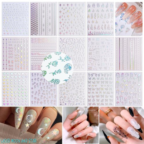 SILPECWEE 14 Sheets Aurora Nail Stickers Laser Silver Nail Art Stickers Decals Holographic Heart Star Butterfly Flower Self Adhesive Nail Designs Stickers 3D Nail Decoration for Nail Art