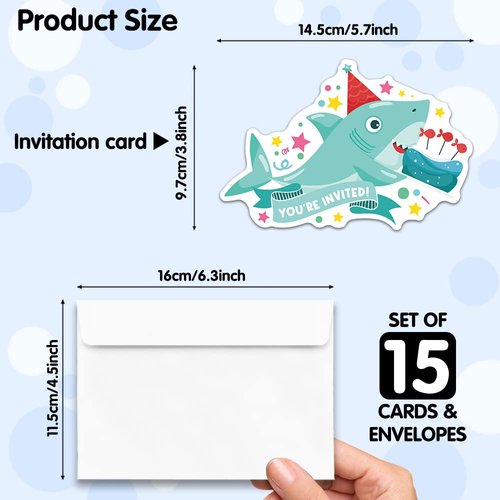 RZHV 15 Pack Blue Shark and Birthday Cake Shaped Fill-In Invitations Cards With Envelopes for Boys & Girls Adults, Funny Baby Shower Party Birthday Party Invite (Baby Shower)