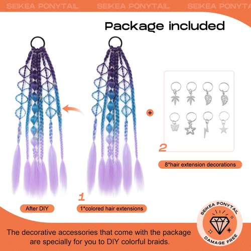 SEIKEA Colored Hair Extensions, Lightweight Colored Hair Extensions for Kids, Ombre Braided Bubble Ponytail Extension with Hair Tie, 24" Crazy Hair Day Accessories for Girls Festival Rave Braids S3